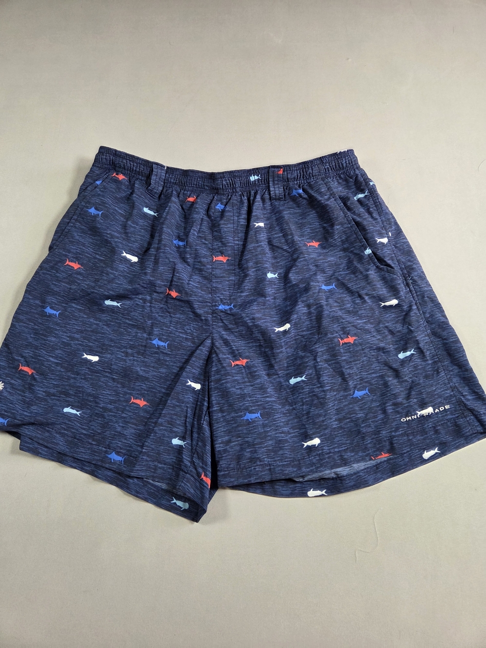 Columbia Mens PFG Navy Shark-Print Swim Shorts Size Large